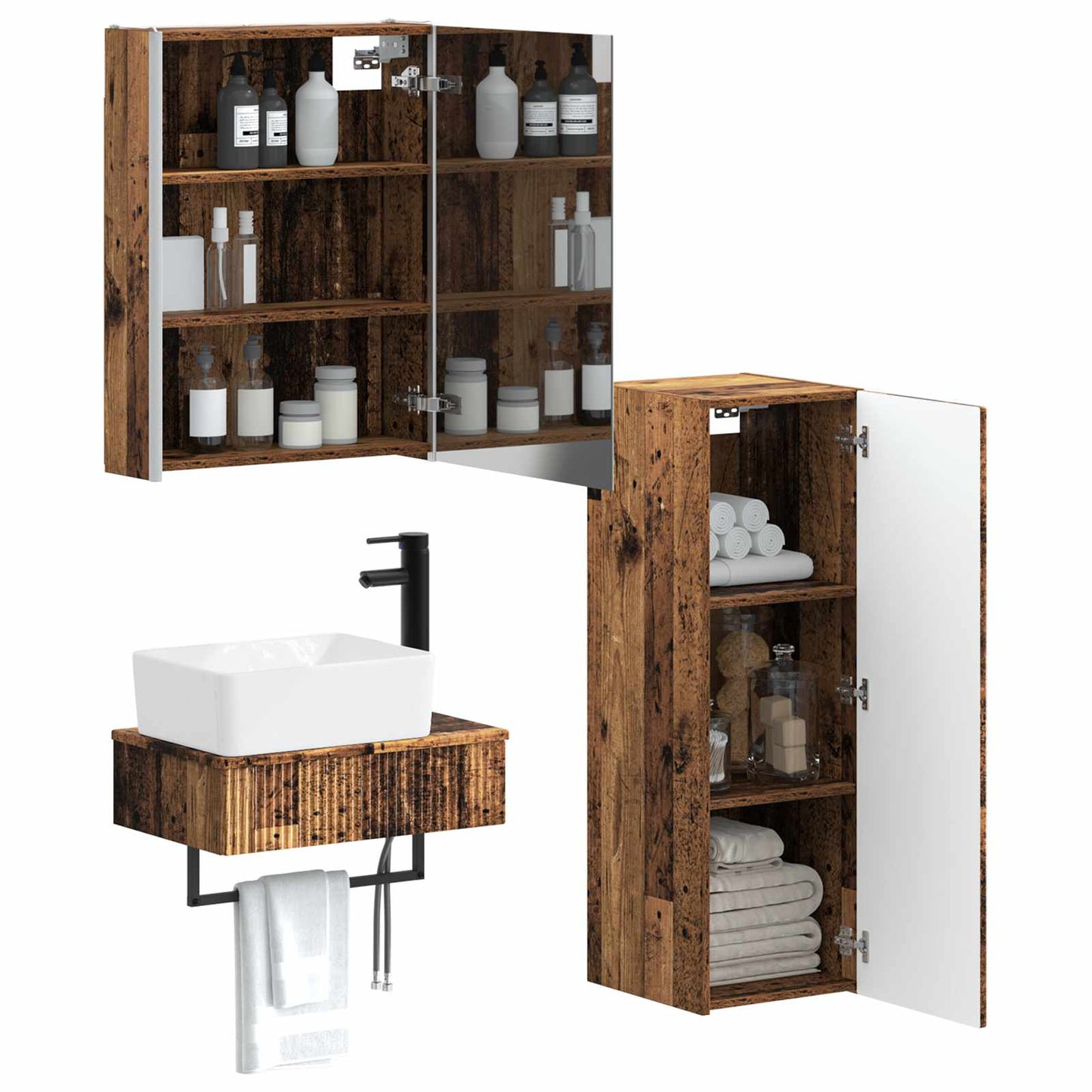 Bathroom Furniture Set 4 pcs Old Wood Engineered Wood and Glass