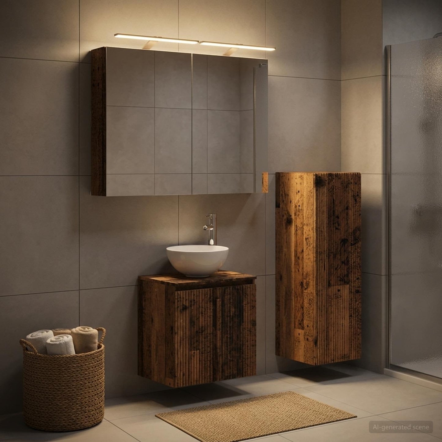 Bathroom Furniture Set 4 pcs Old Wood Engineered Wood and Glass