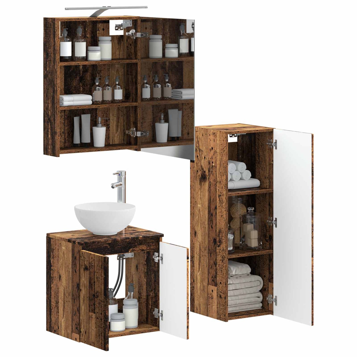 Bathroom Furniture Set 4 pcs Old Wood Engineered Wood and Glass