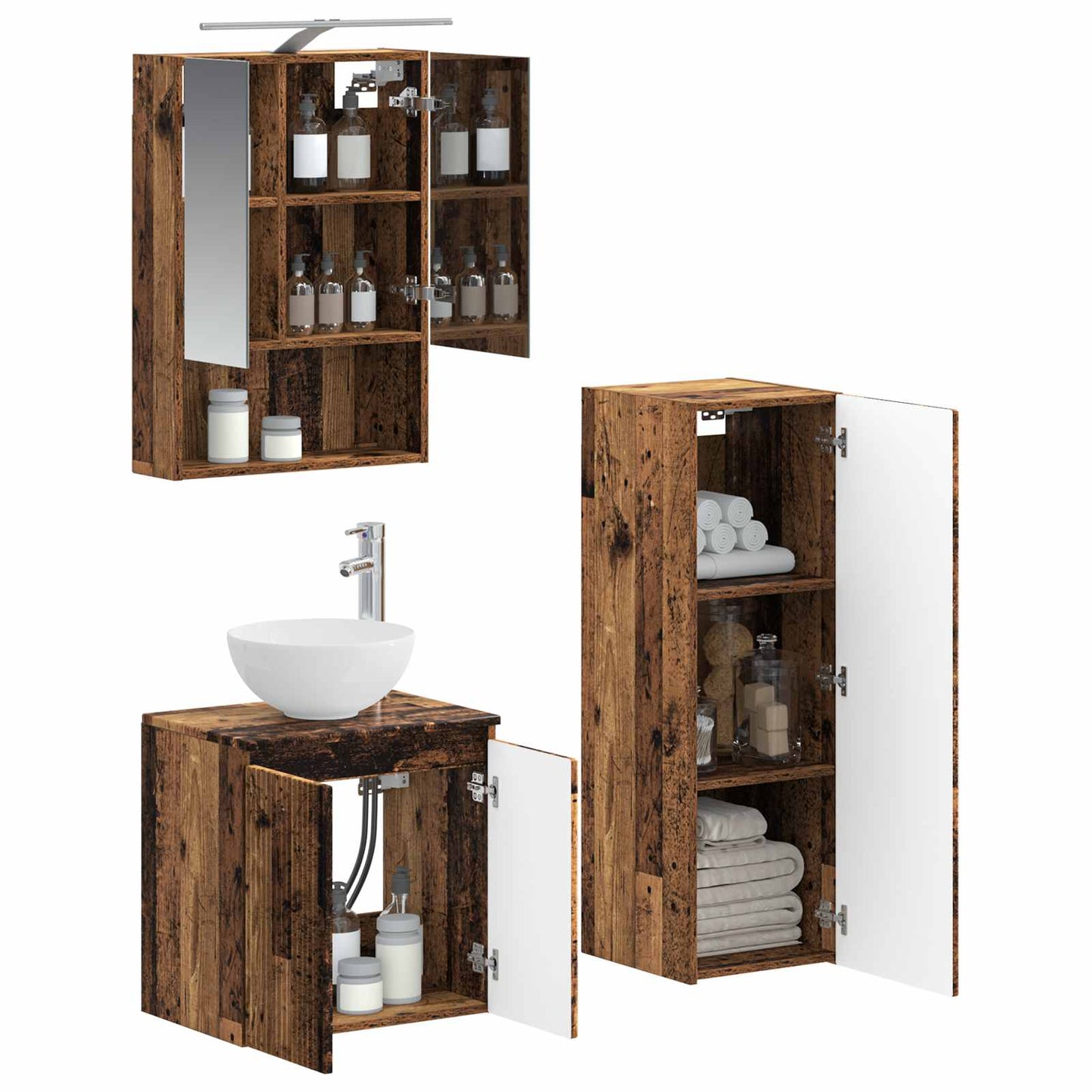Bathroom Furniture Set 4 pcs Old Wood Engineered Wood and Glass