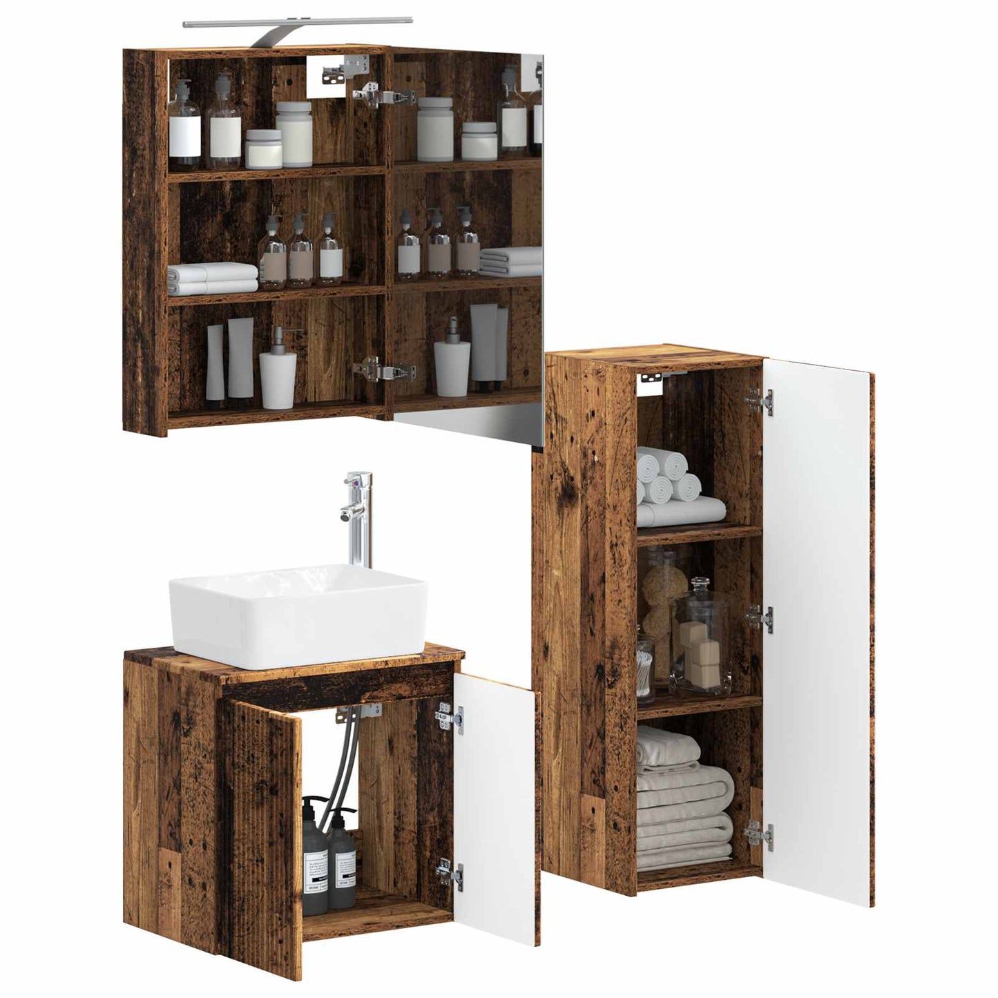 Bathroom Furniture Set 4 pcs Old Wood Engineered Wood and Glass
