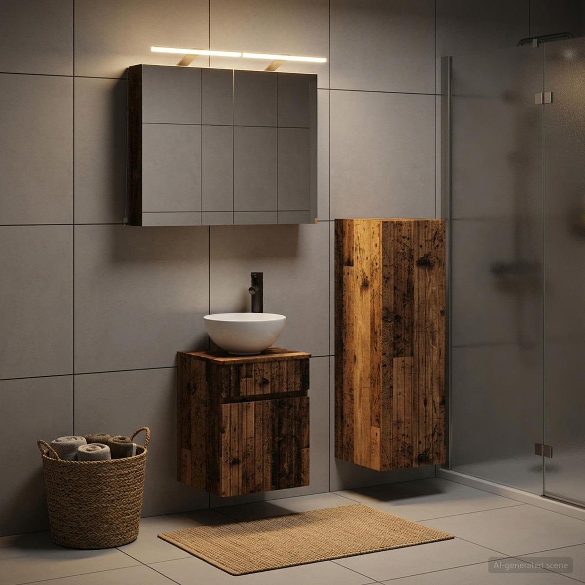 Bathroom Furniture Set 4 pcs Old Wood Engineered Wood and Glass