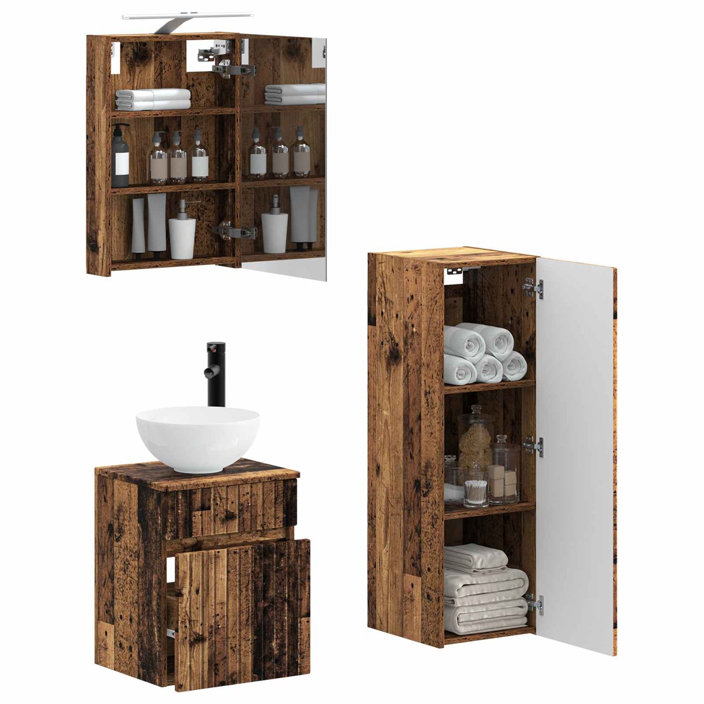 Bathroom Furniture Set 4 pcs Old Wood Engineered Wood and Glass