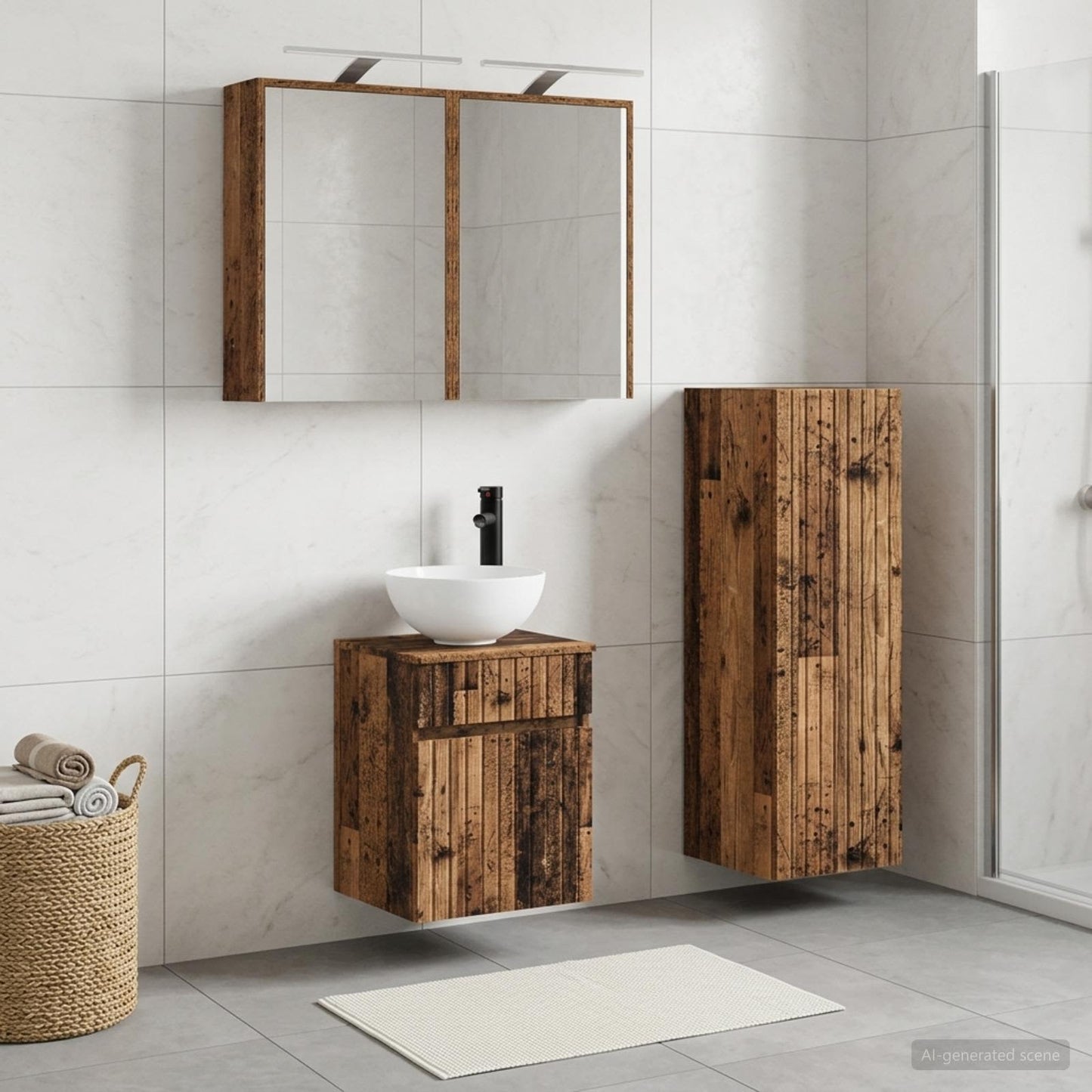 Bathroom Furniture Set 4 pcs Old Wood Engineered Wood and Glass