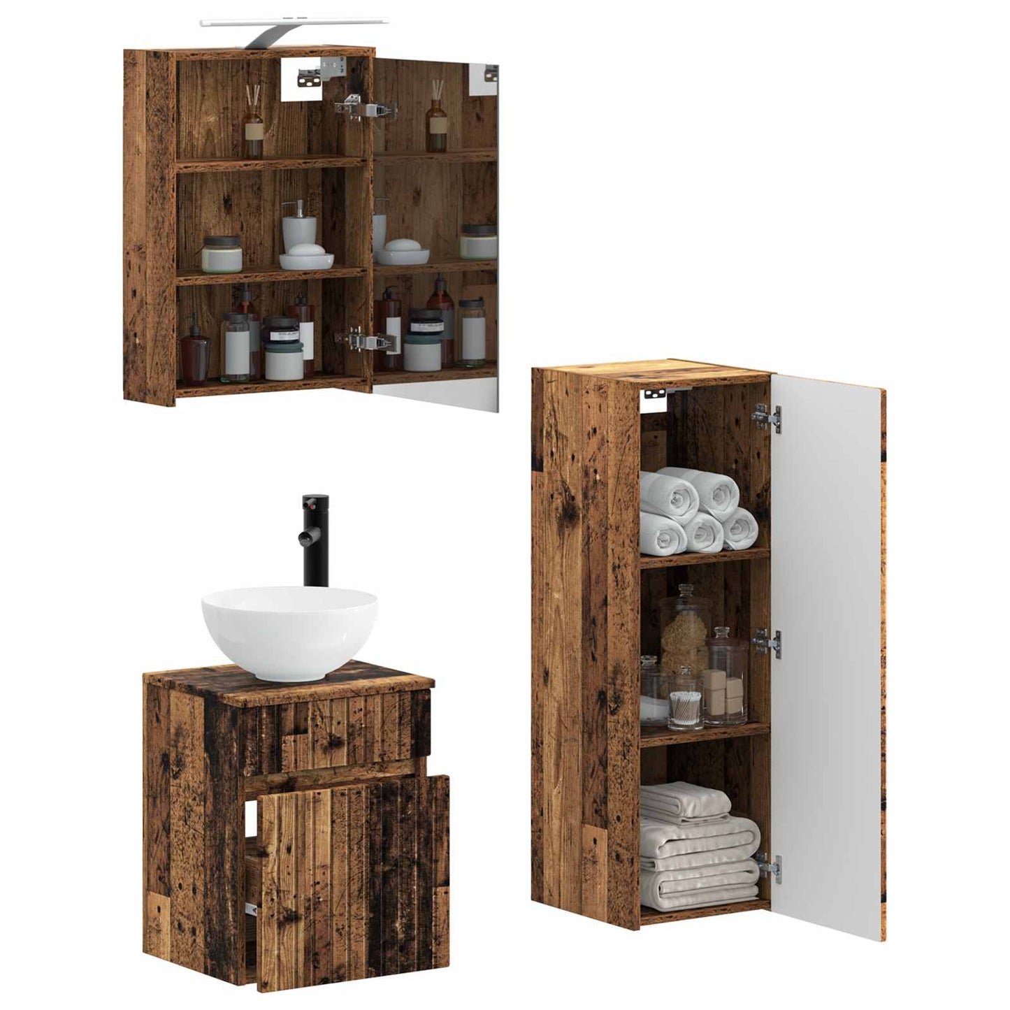 Bathroom Furniture Set 4 pcs Old Wood Engineered Wood and Glass