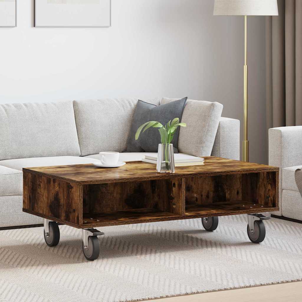 Side Table with Wheels Smoked Oak 90 x 50 x 30 cm