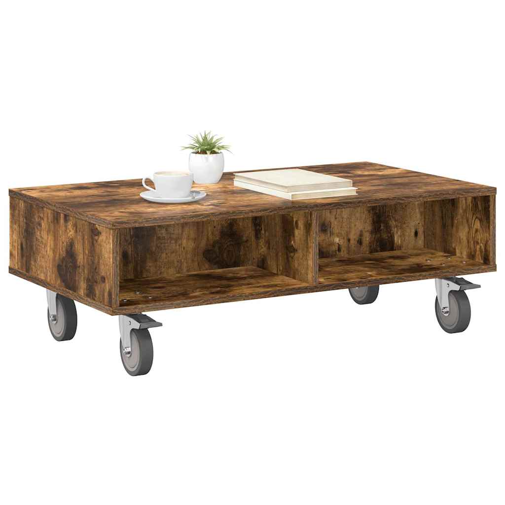 Side Table with Wheels Smoked Oak 90 x 50 x 30 cm