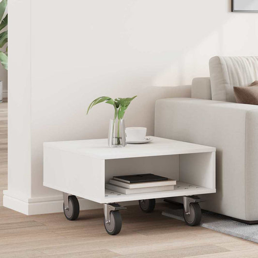 Side Table with Wheels White 50.5 x 50 x 30 cm Engineered Wood