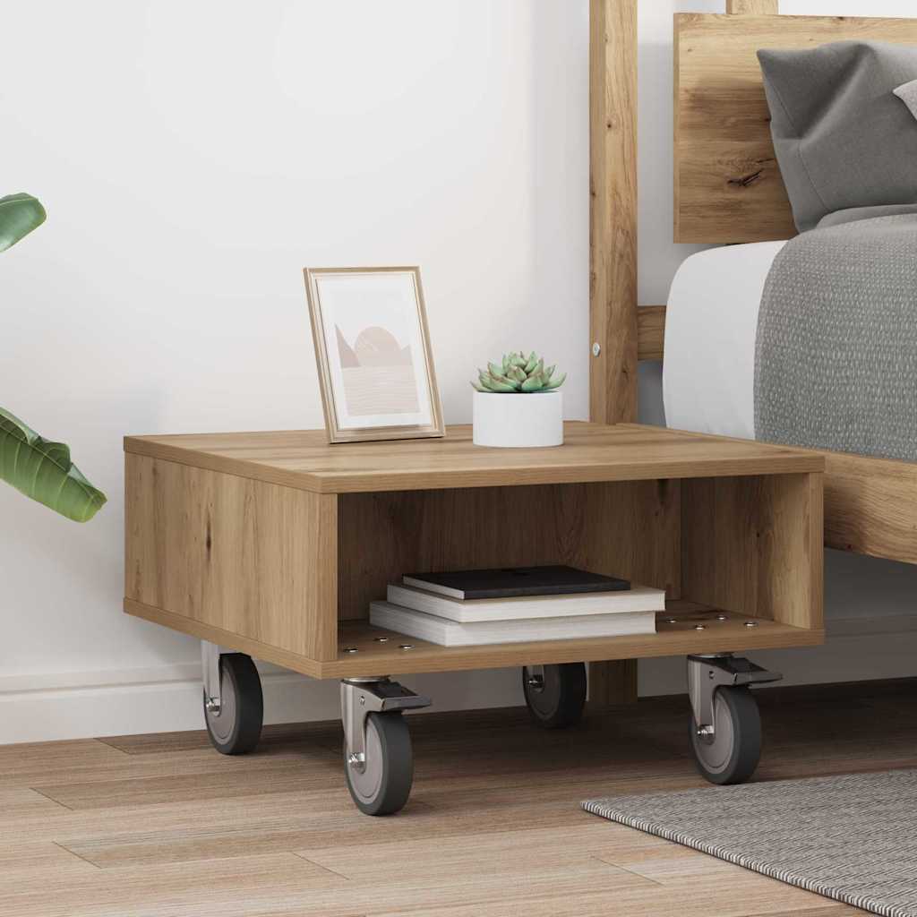 Side Table with Wheels Artisan Oak 50.5 x 50 x 30 cm