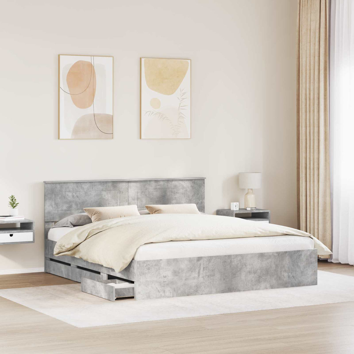 Bed Frame with Drawer Concrete Grey 200 x 200 cm Engineer Wood