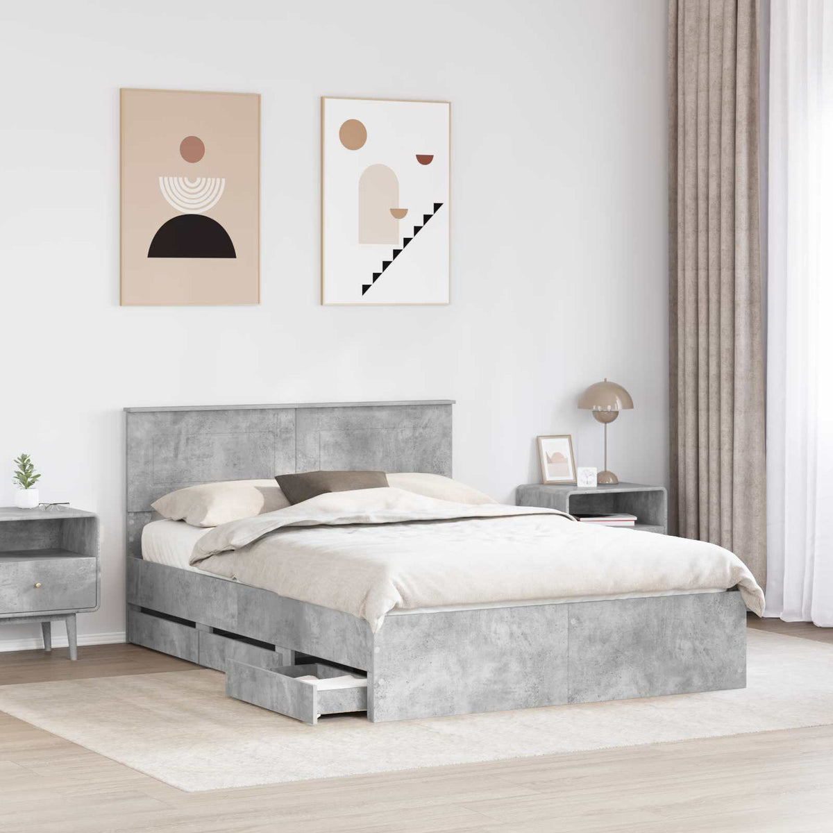 Bed Frame with Drawer Concrete Grey 140 x 190 cm Engineer Wood