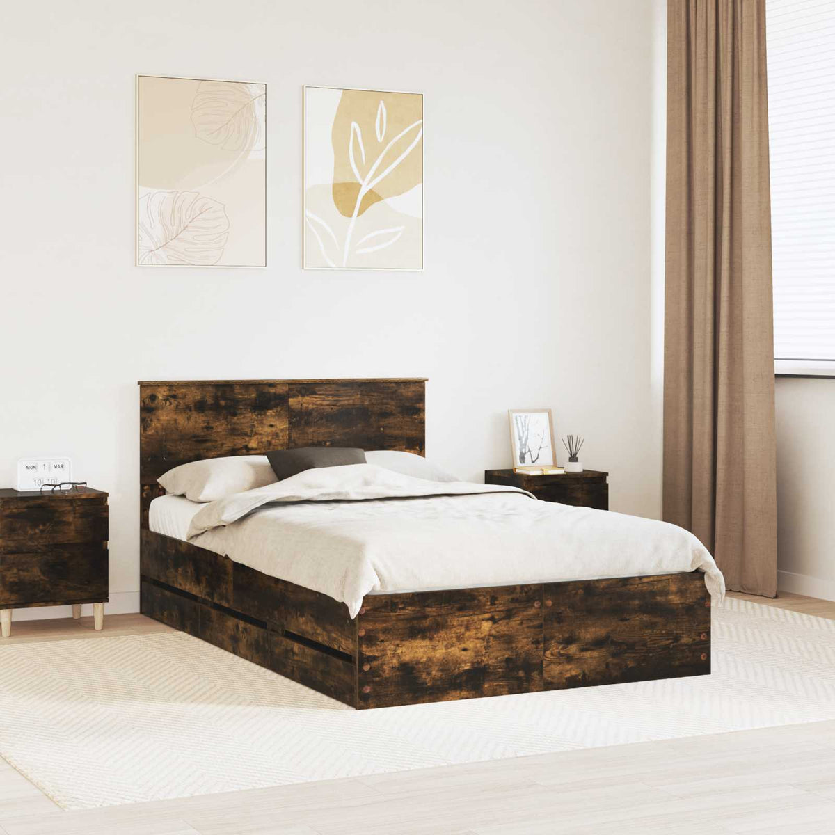 Bed Frame with Drawer Smoked Oak 120 x 200 cm Engineer Wood