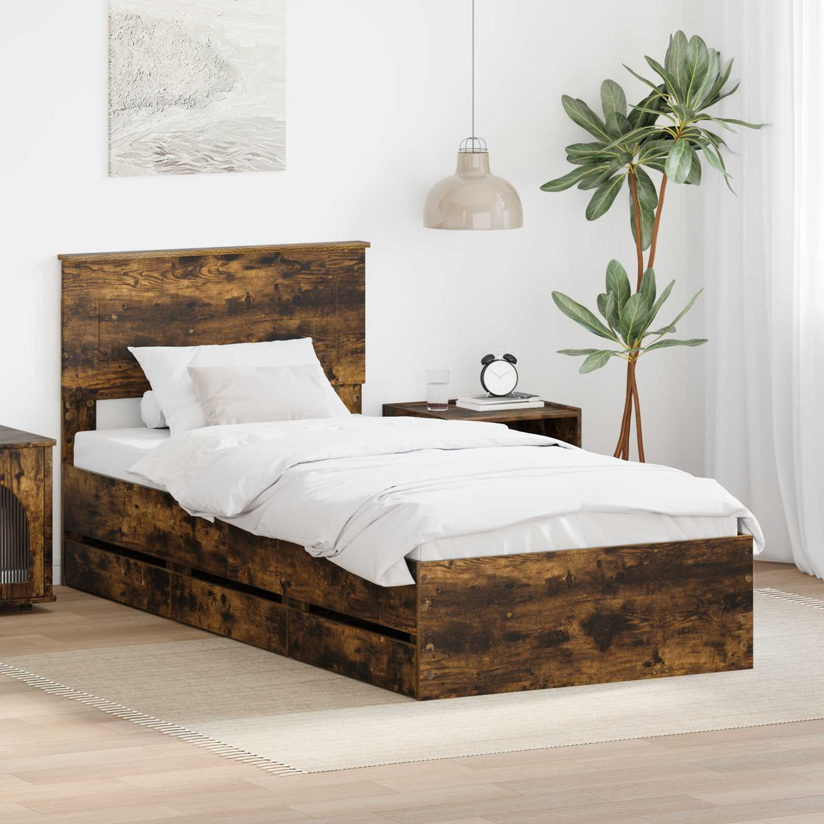 Bed Frame with Drawer Smoked Oak 90 x 200 cm Engineer Wood