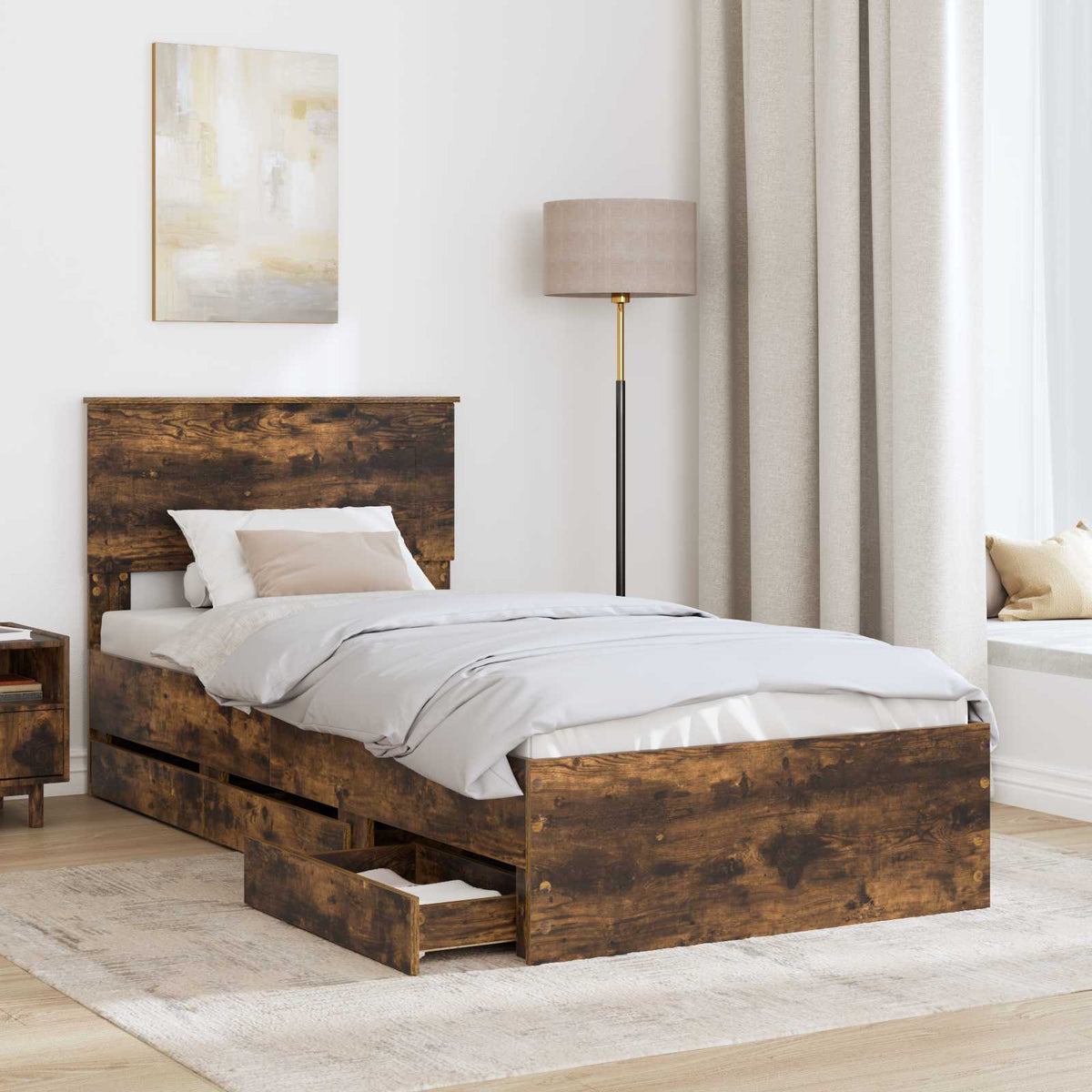 Bed Frame with Drawer Smoked Oak 75 x 190 cm Engineer Wood