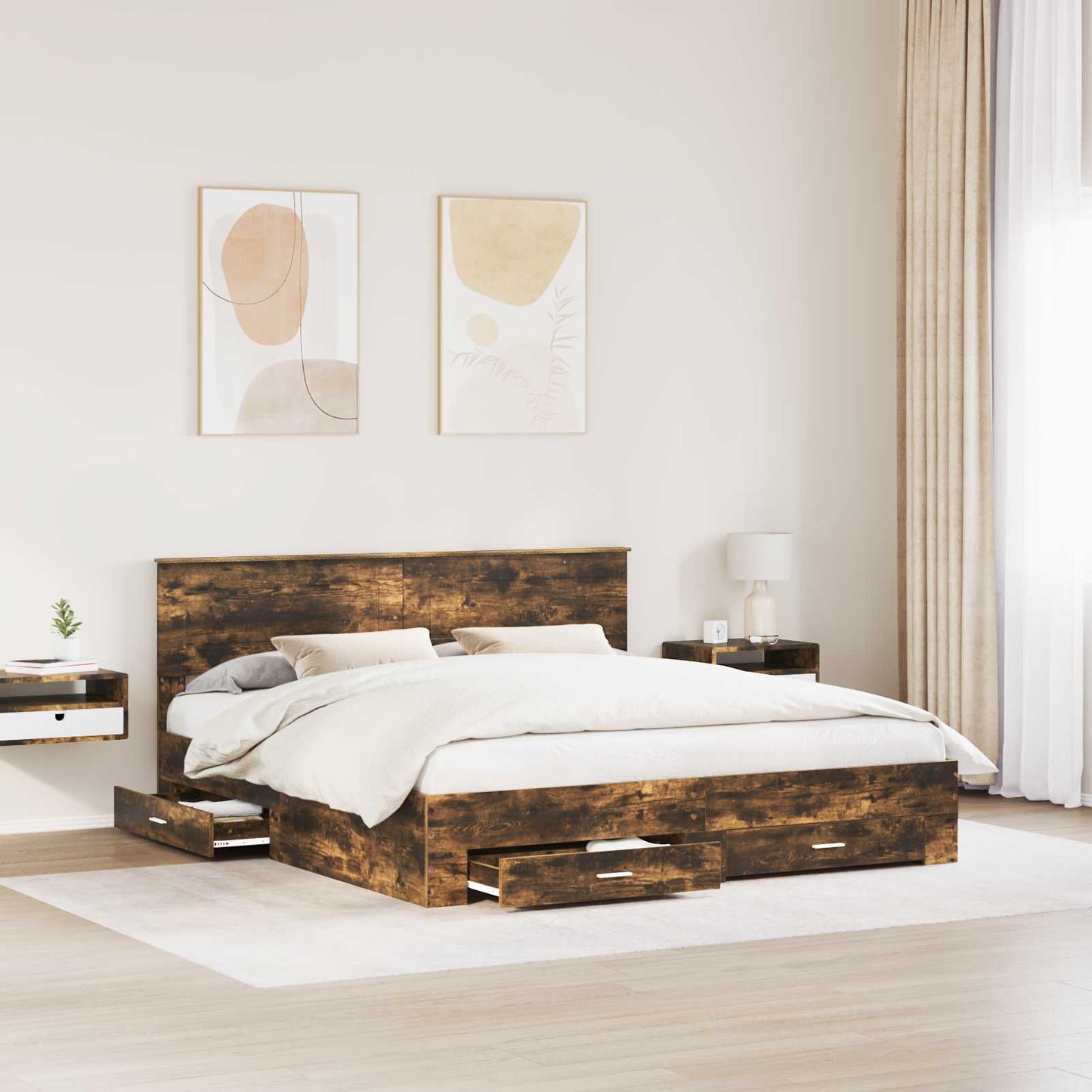 Bed Frame with Drawer Smoked Oak 200 x 200 cm Engineered Wood