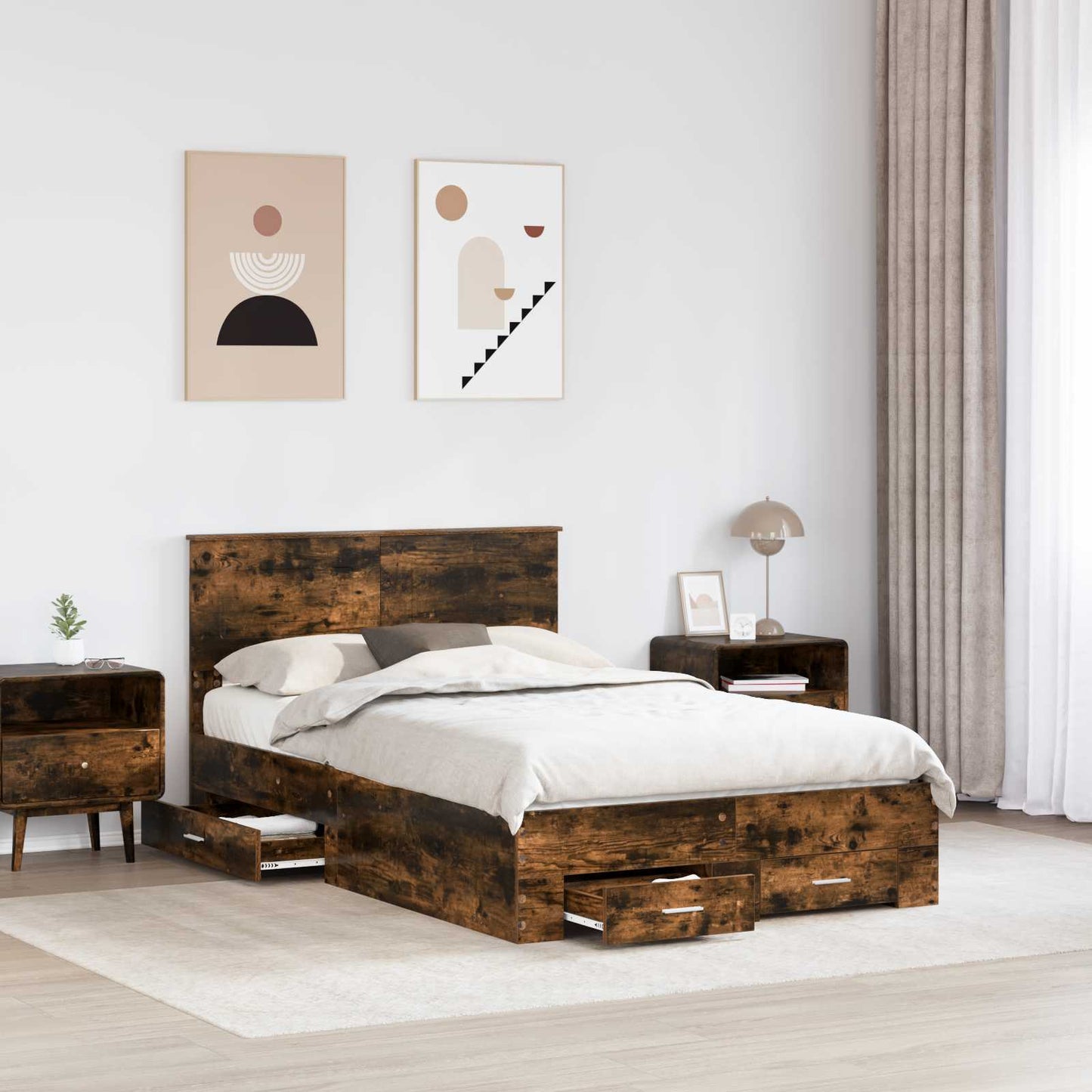 Bed Frame with Drawer Smoked Oak 135 x 190 cm Engineered Wood