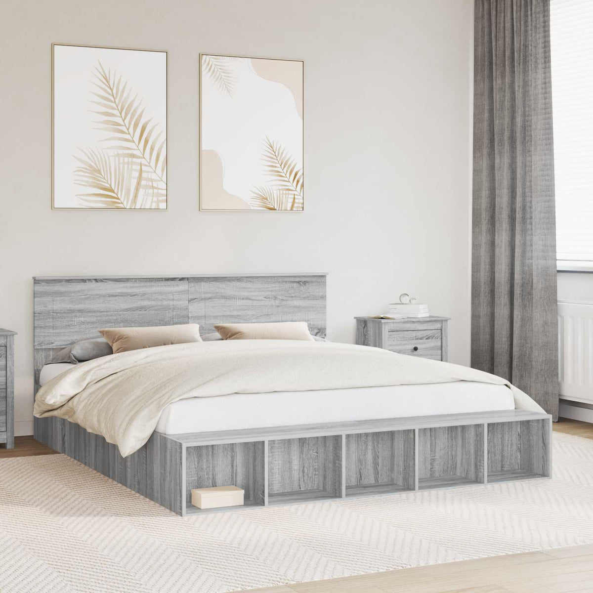 Bed Frame with Shelf Grey Sonoma 200 x 200 cm Engineered Wood