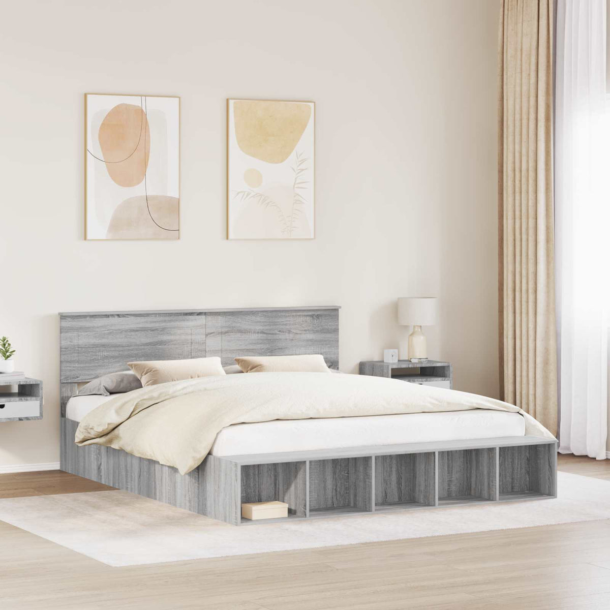 Bed Frame with Shelf Grey Sonoma 200 x 200 cm Engineered Wood
