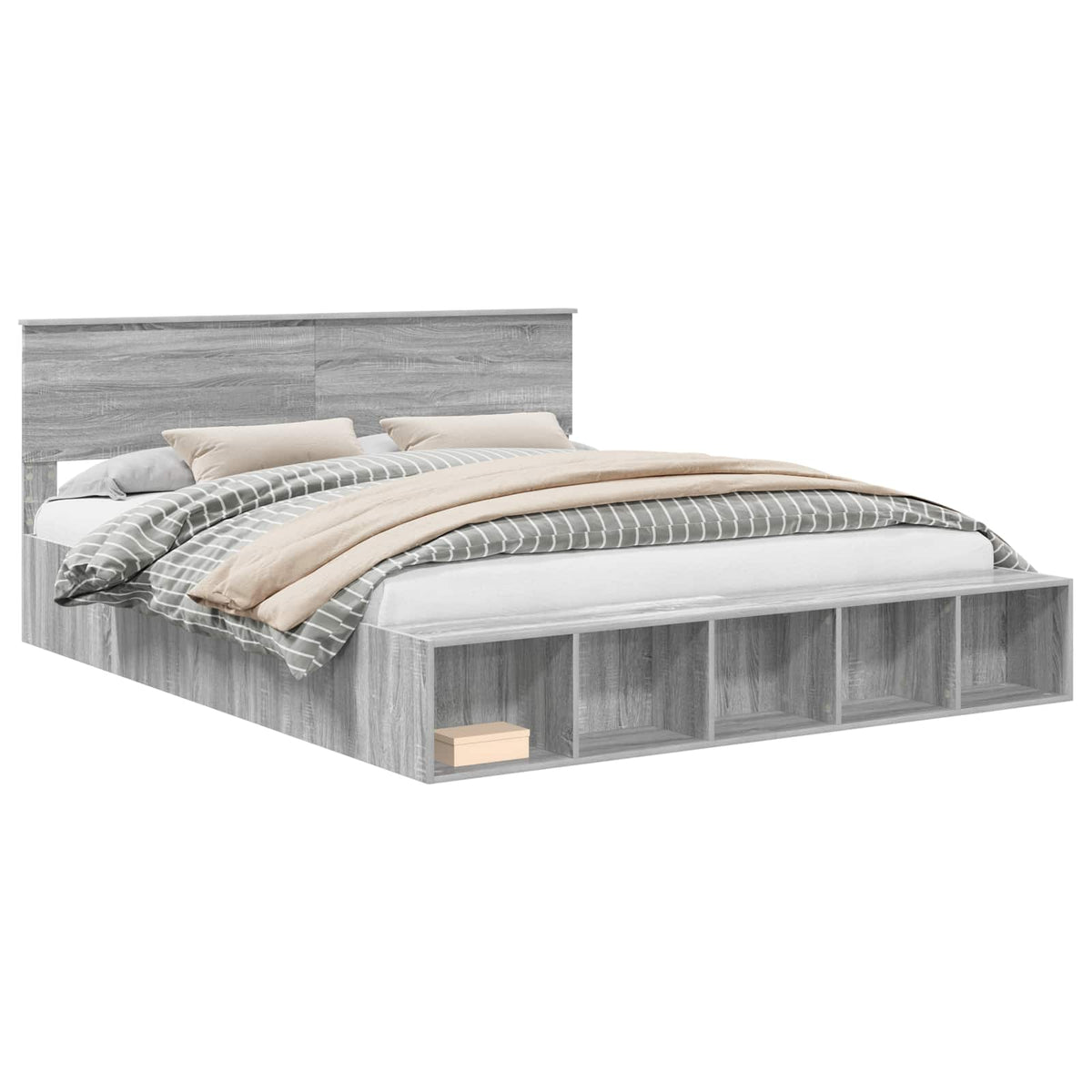 Bed Frame with Shelf Grey Sonoma 200 x 200 cm Engineered Wood