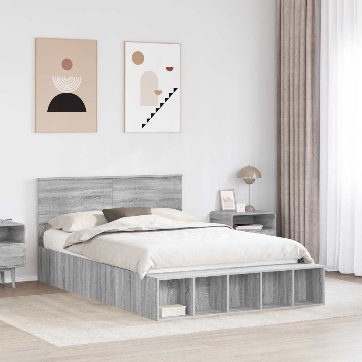 Bed Frame with Shelf Grey Sonoma 150 x 200 cm Engineered Wood