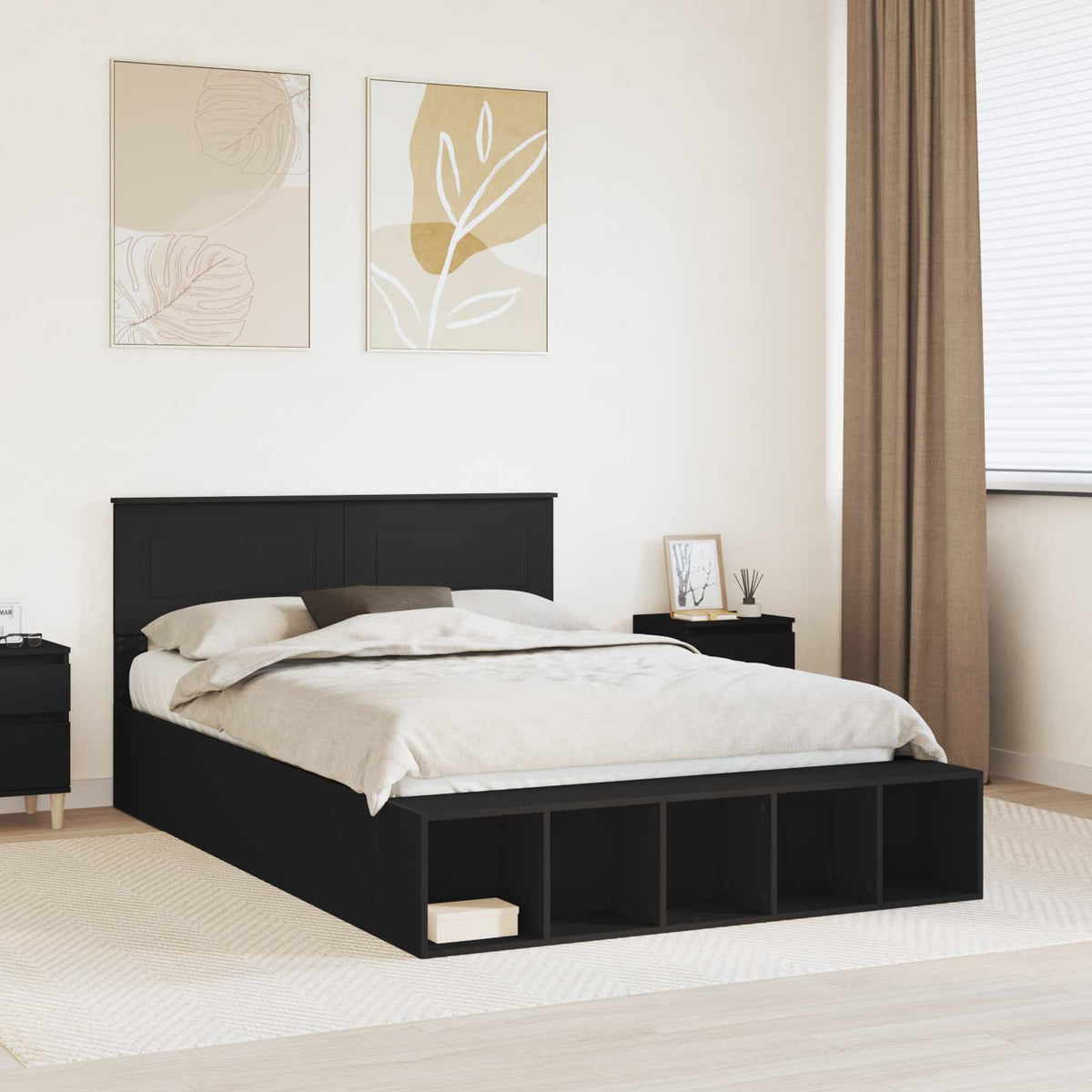 Bed Frame with Shelf Manual Black 140 x 200 cm Engineered Wood
