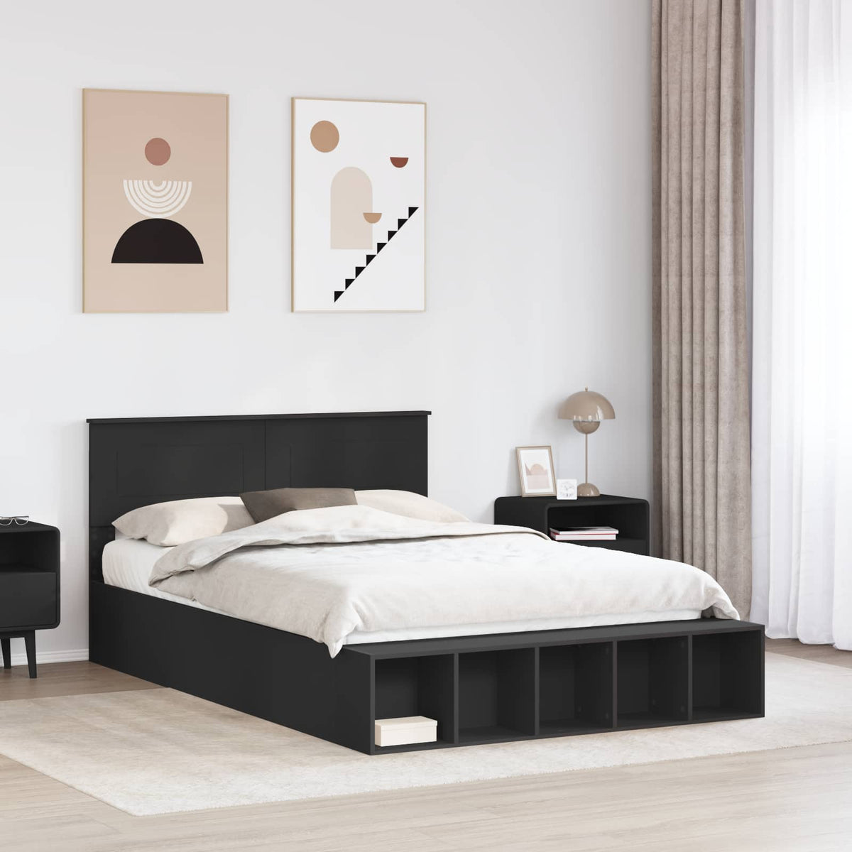 Bed Frame with Shelf Manual Black 140 x 200 cm Engineered Wood