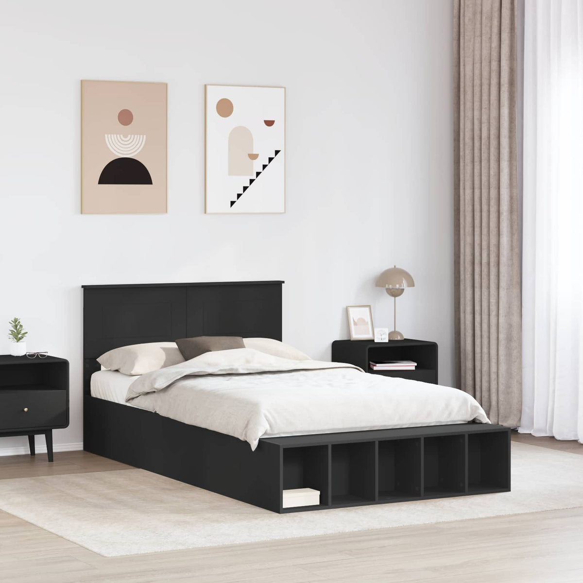 Bed Frame with Shelf Manual Black 120 x 190 cm Engineered Wood