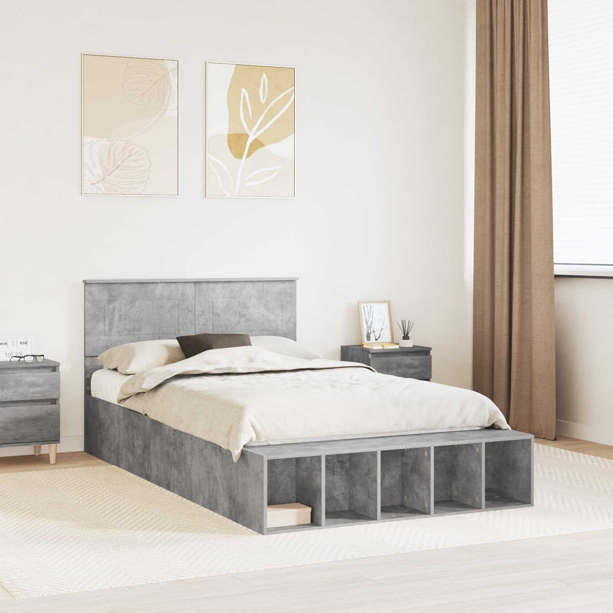 Bed Frame with Shelf Concrete Grey 120 x 190 cm Engineered Wood