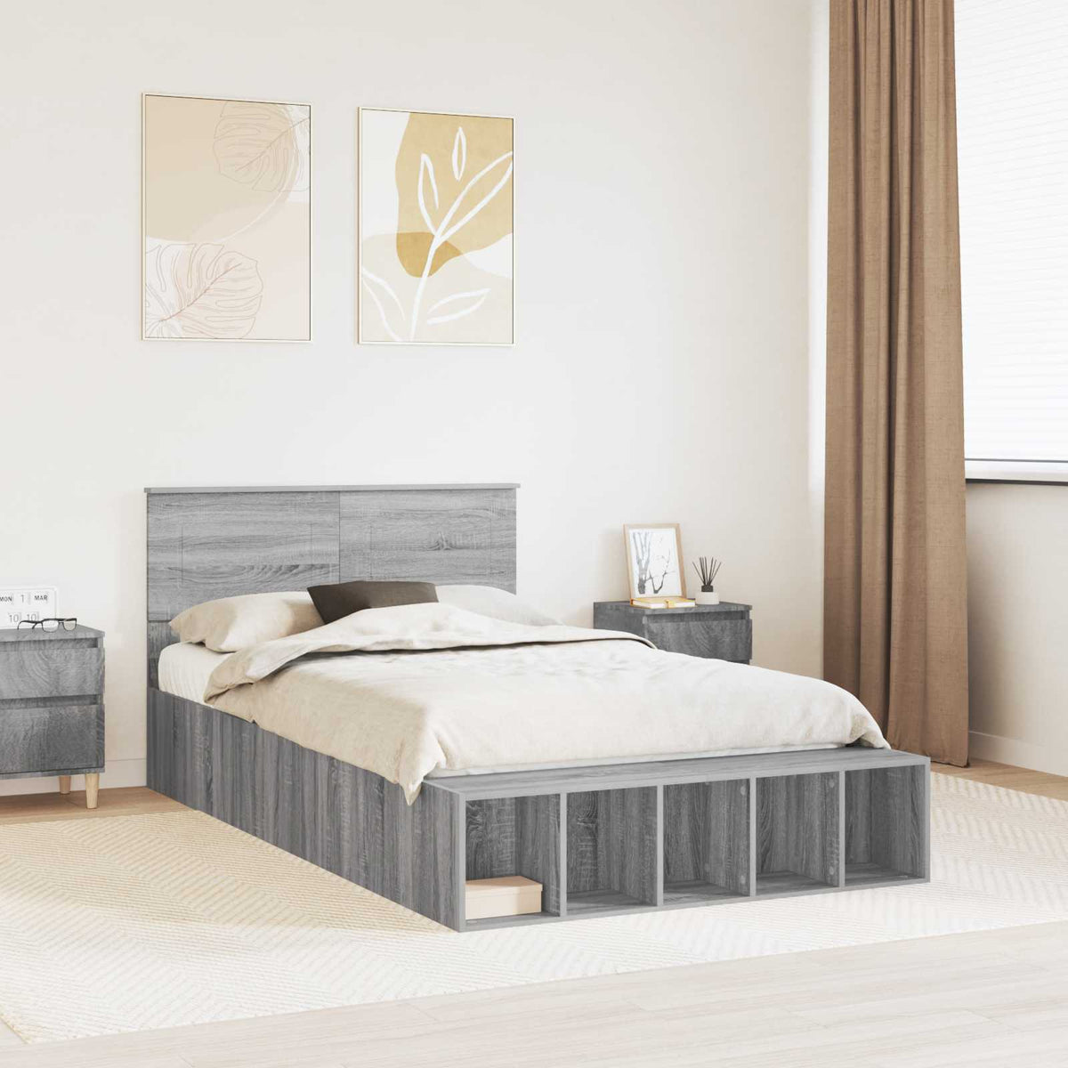 Bed Frame with Shelf Grey Sonoma 120 x 190 cm Engineered Wood