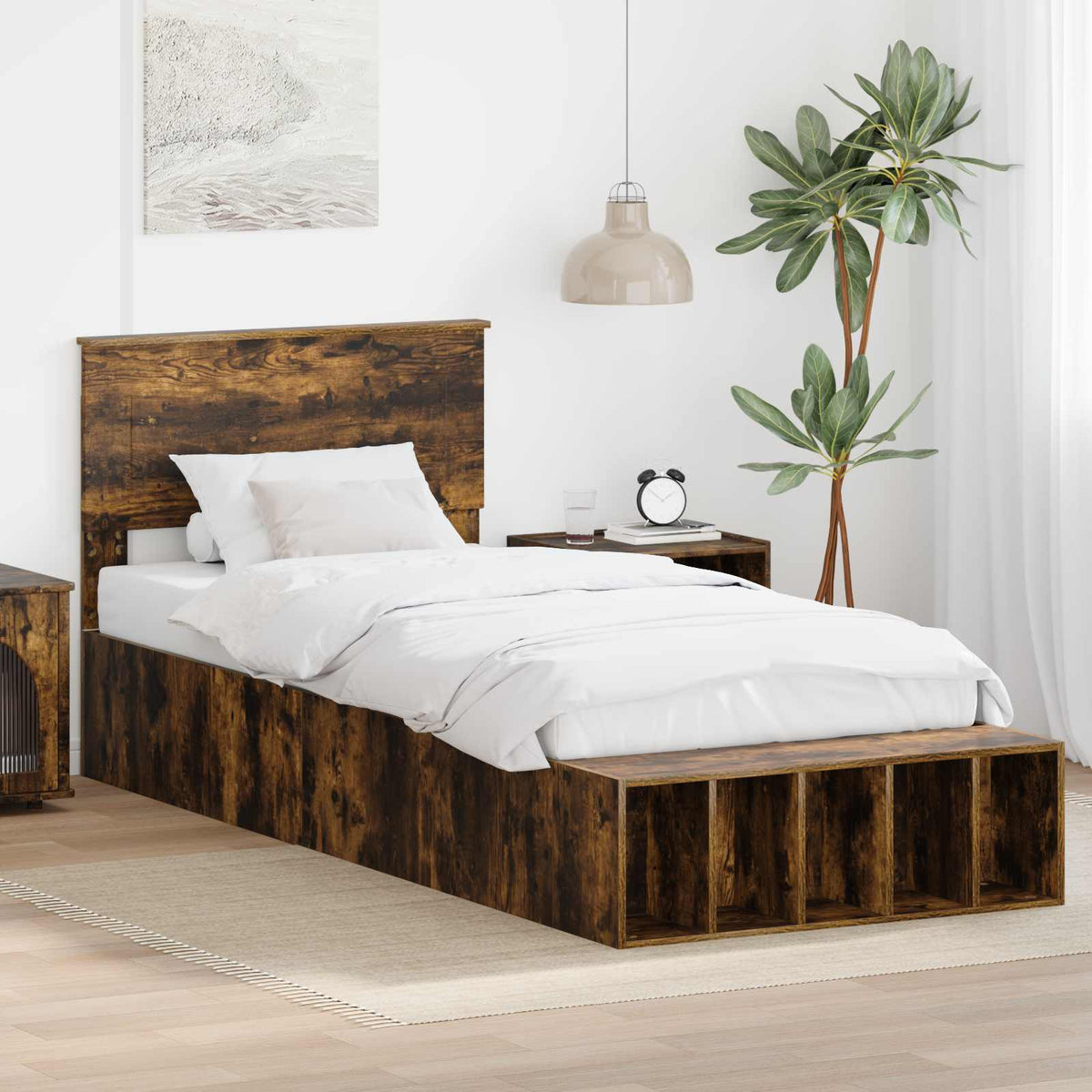 Bed Frame with Shelf Smoked Oak 90 x 200 cm Engineered Wood