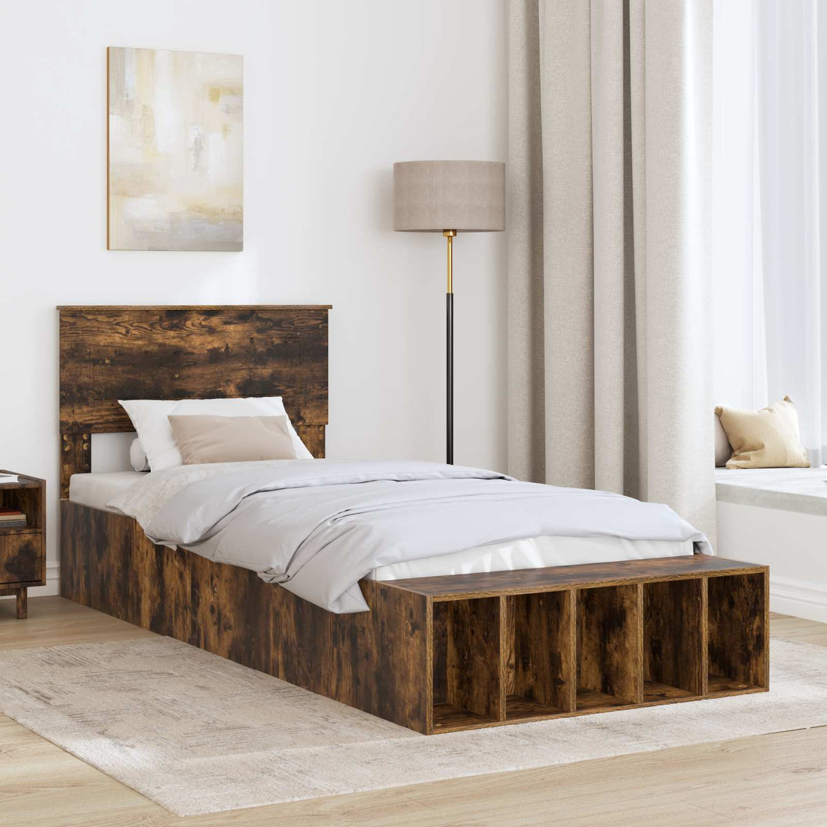 Bed Frame with Shelf Smoked Oak 90 x 200 cm Engineered Wood