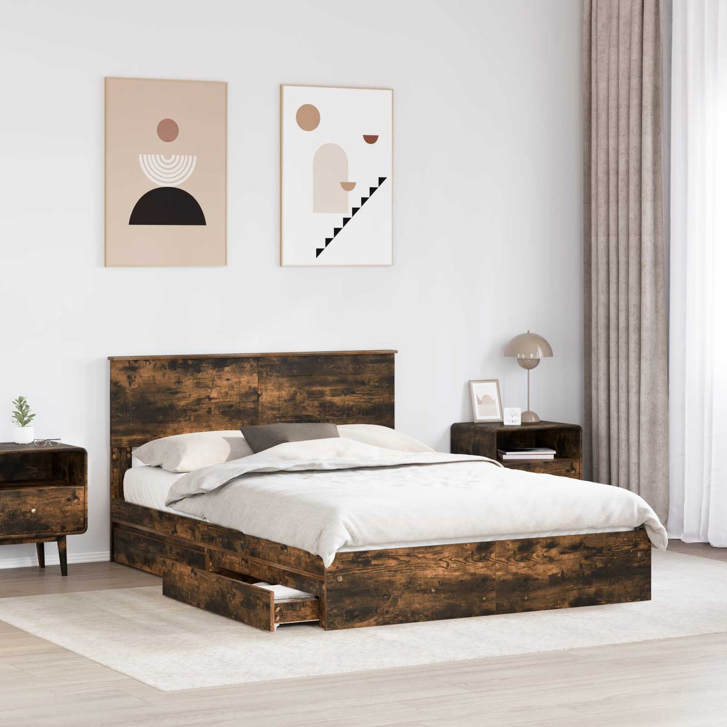 Storage Bed with Drawer Smoked Oak 160 x 200 cm Engineered Wood
