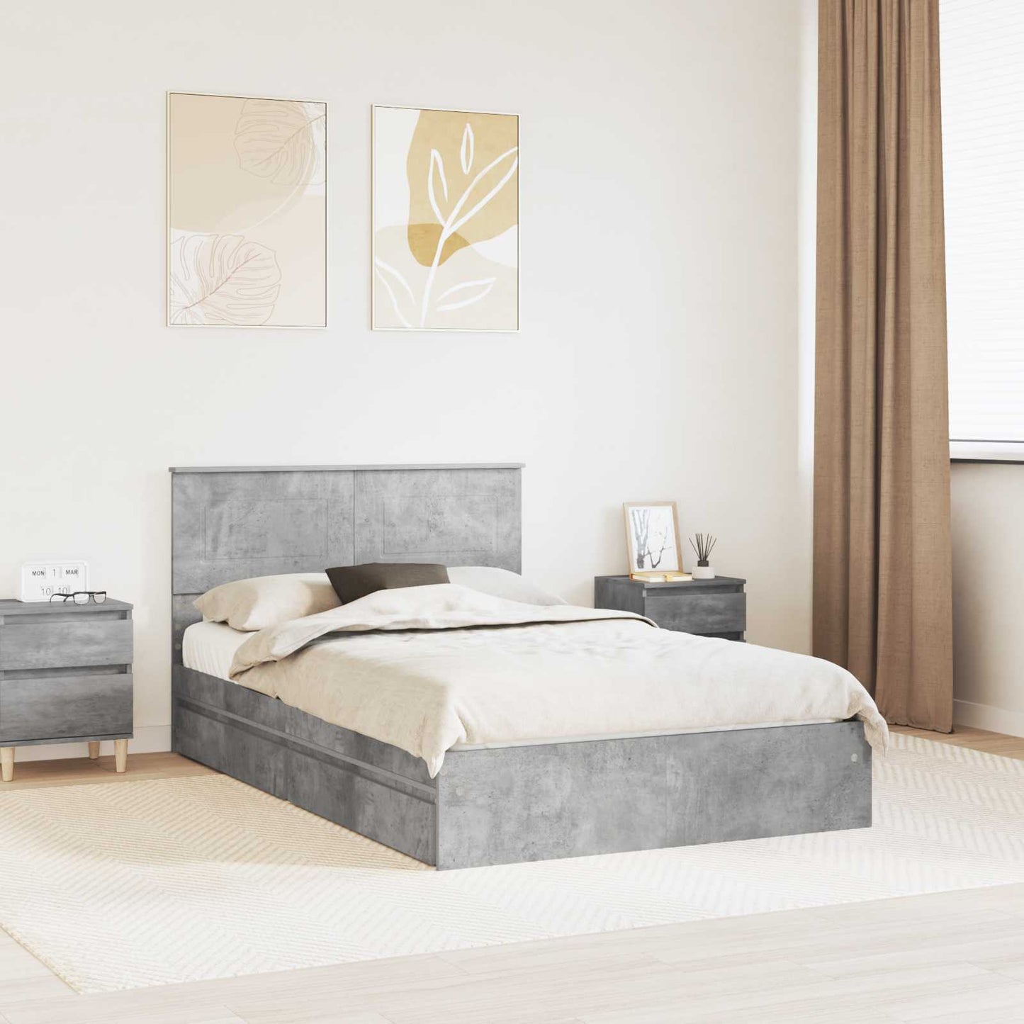 Storage Bed Concrete Grey 135 x 190 cm Engineered Wood