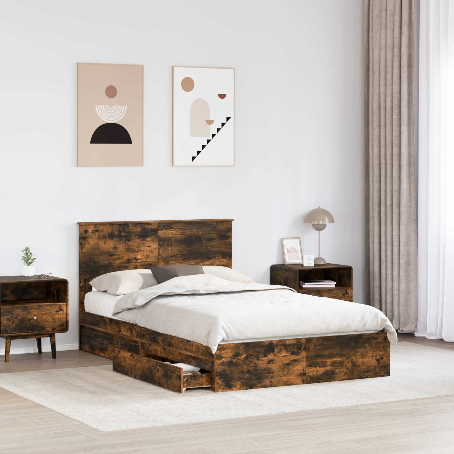 Storage Bed with Drawer Smoked Oak 135 x 190 cm Engineered Wood