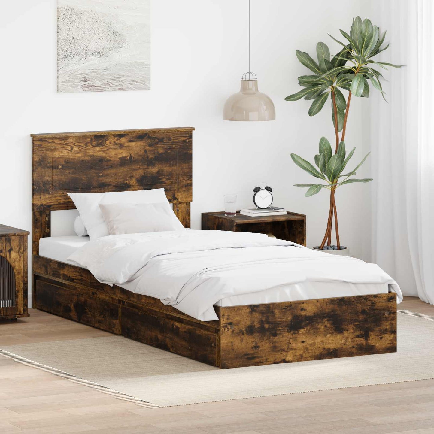 Storage Bed with Drawer Smoked Oak 90 x 190 cm Engineered Wood