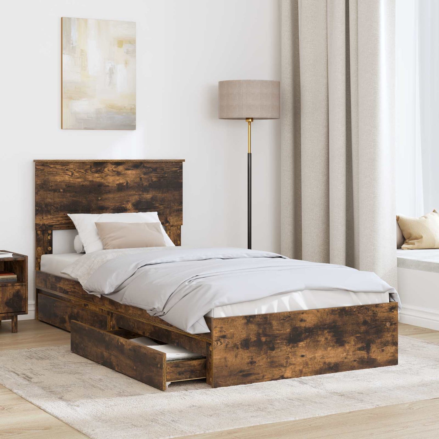 Storage Bed with Drawer Smoked Oak 90 x 190 cm Engineered Wood