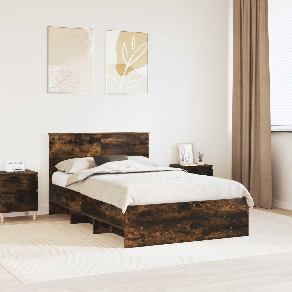 Bed Frame Smoked Oak 135 x 190 cm Engineered Wood