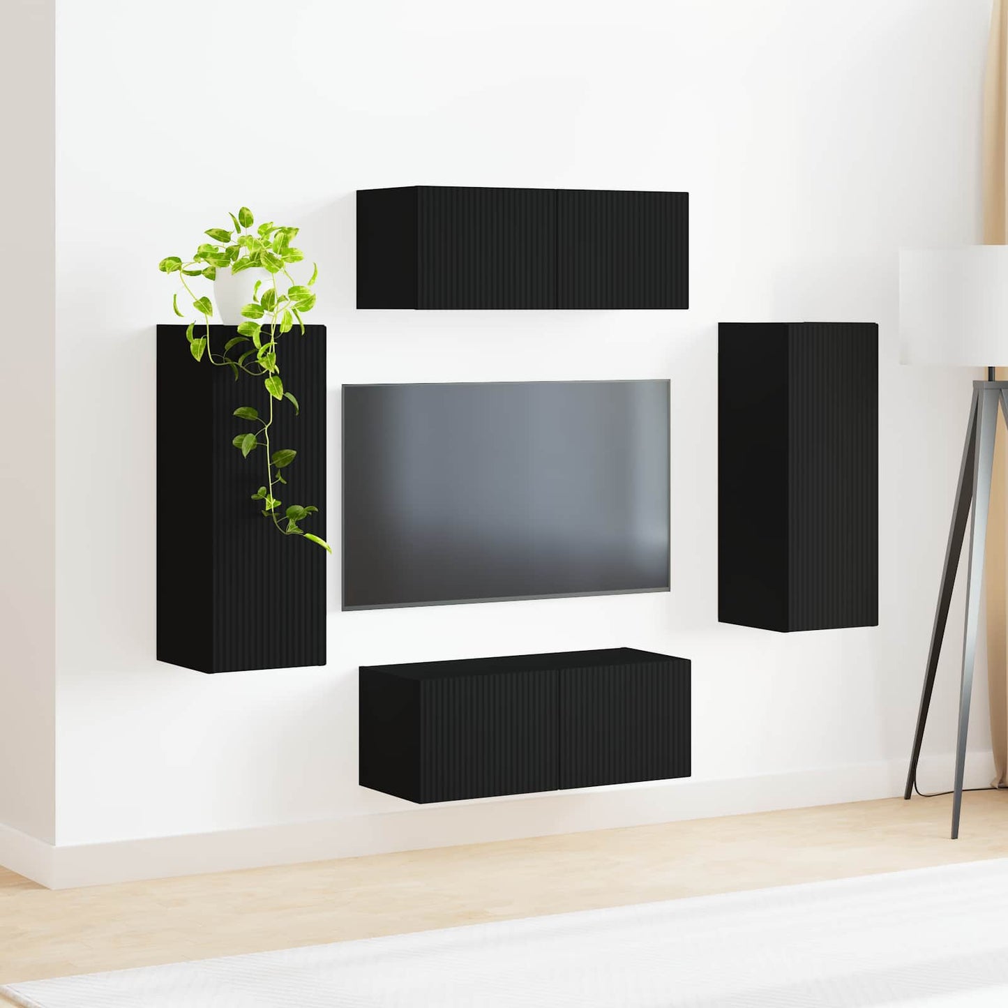 TV Wall Cabinet Set Wall-mounted 4 pcs Black Engineered Wood