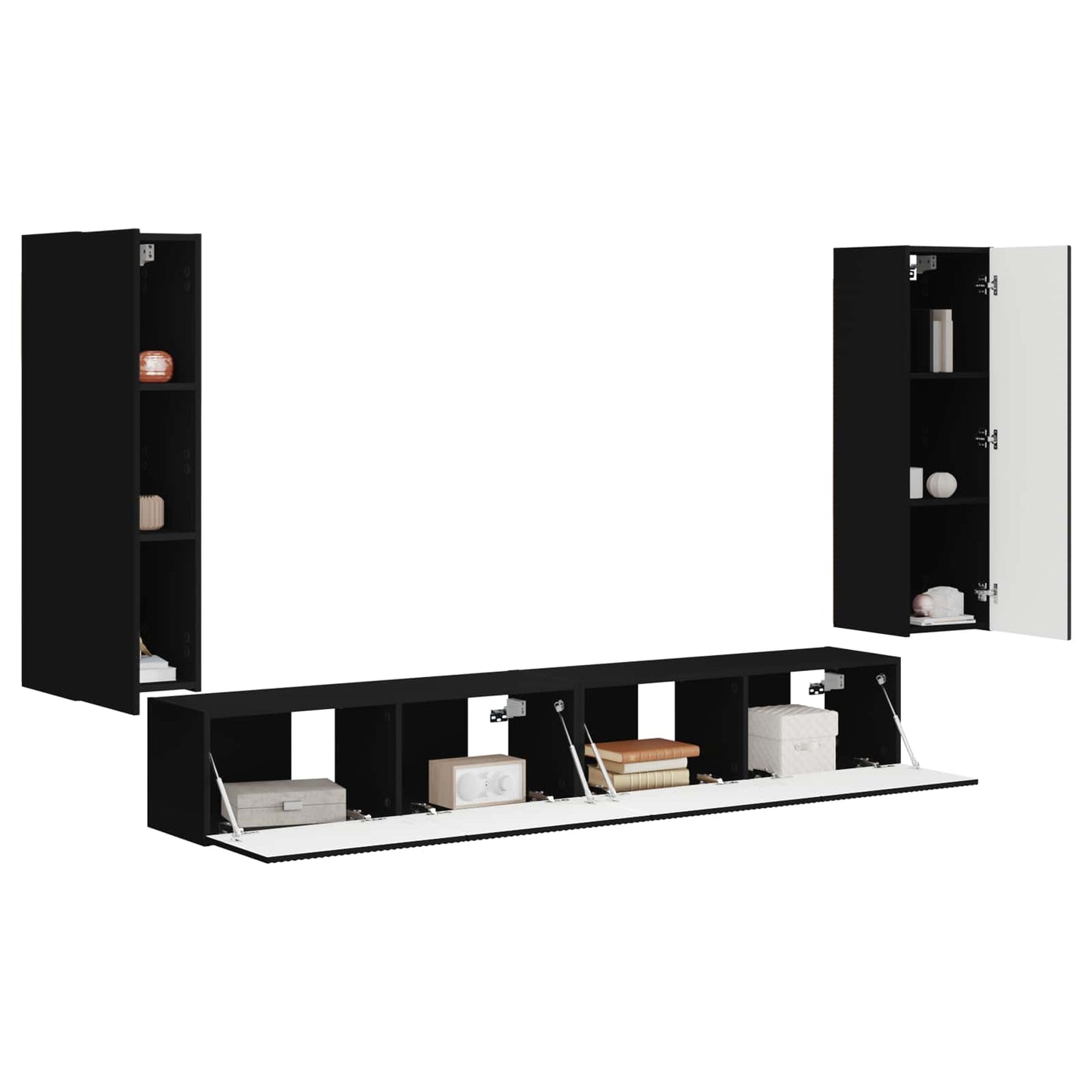 TV Wall Cabinet Set 4 pcs Black Engineered Wood