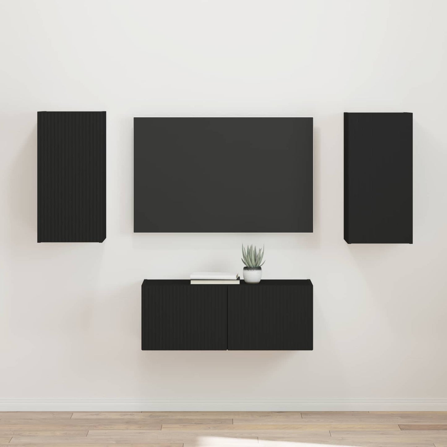 TV Cabinet Set Wall-mounted 2 pcs Black Engineered Wood