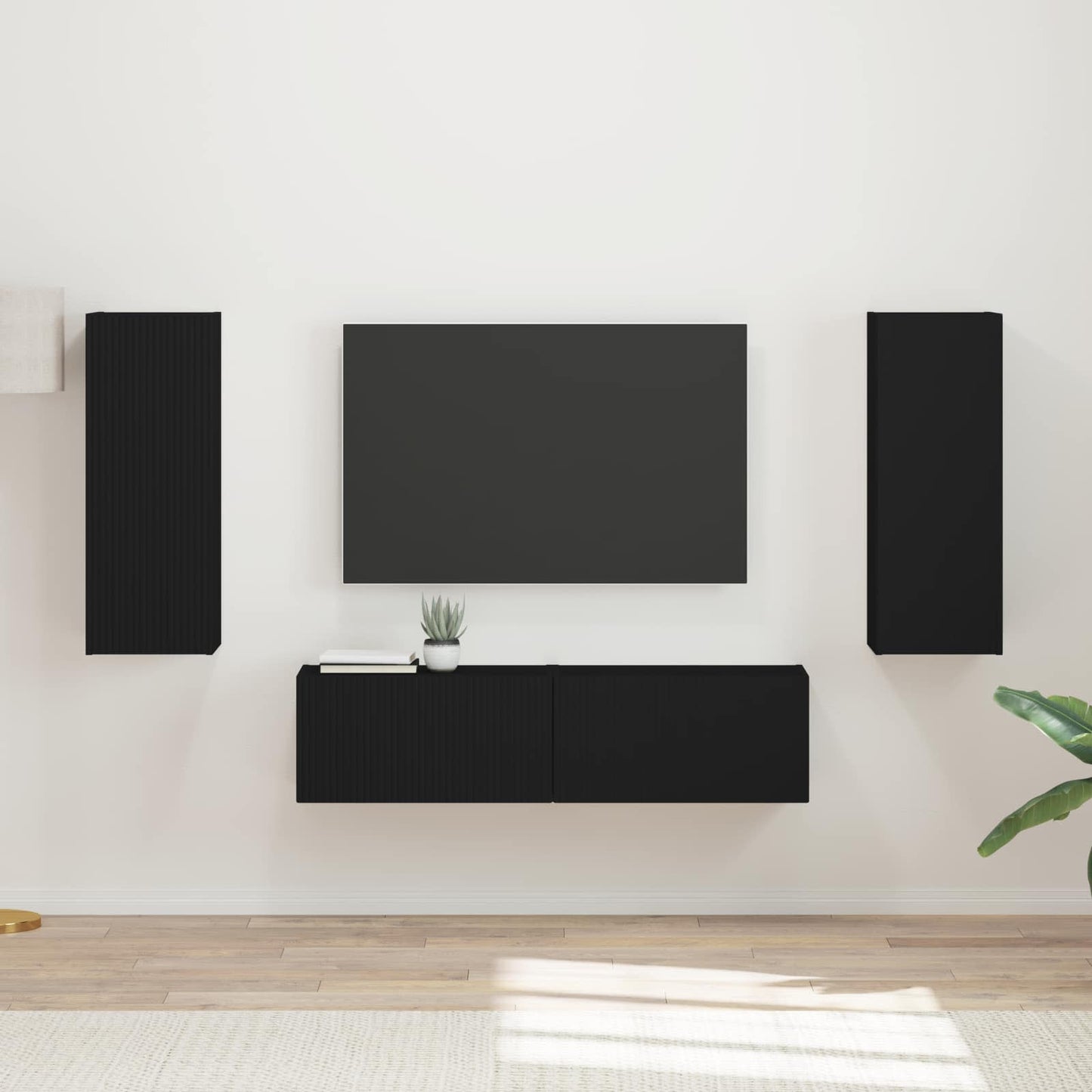 TV Cabinet Set Wall-mounted 2 pcs Black Engineered Wood