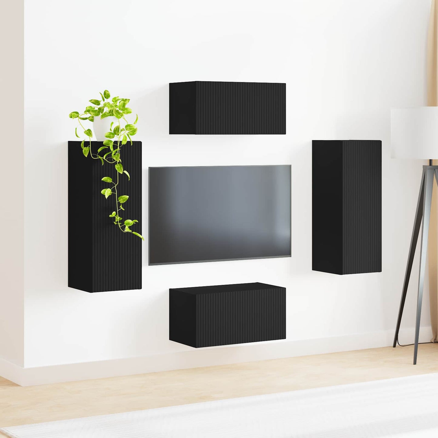 TV Cabinet Set Wall-mounted 2 pcs Black Engineered Wood