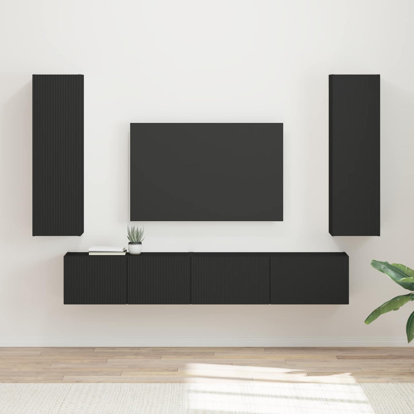 TV Cabinet Set Wall-mounted 3 pcs Black Engineered Wood