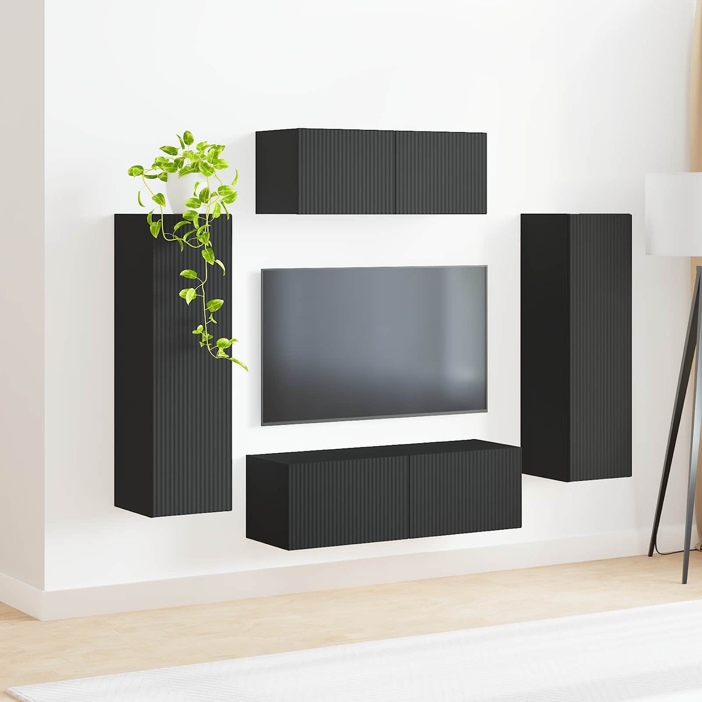 TV Cabinet Set Wall-mounted 3 pcs Black Engineered Wood