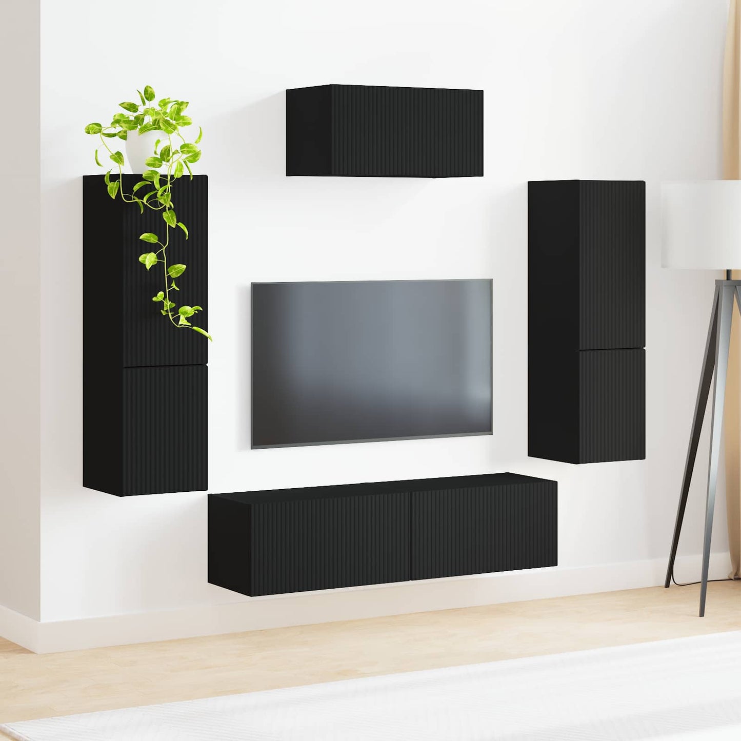TV Cabinet Set Wall-mounted 4 pcs Black Engineered Wood