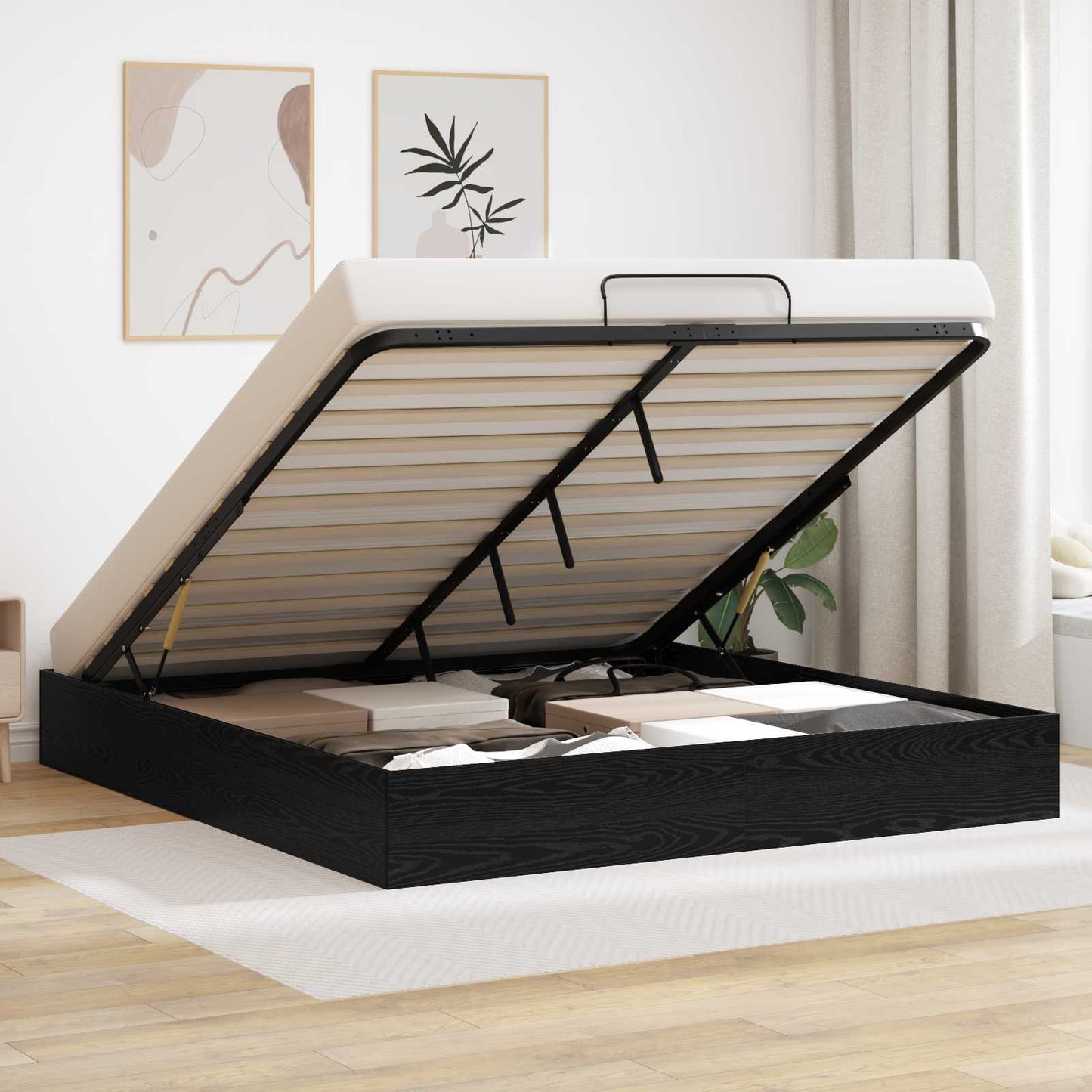 Ottoman Bed Frame Black Oak 203 x 180 x 25 cm Engineered Wood