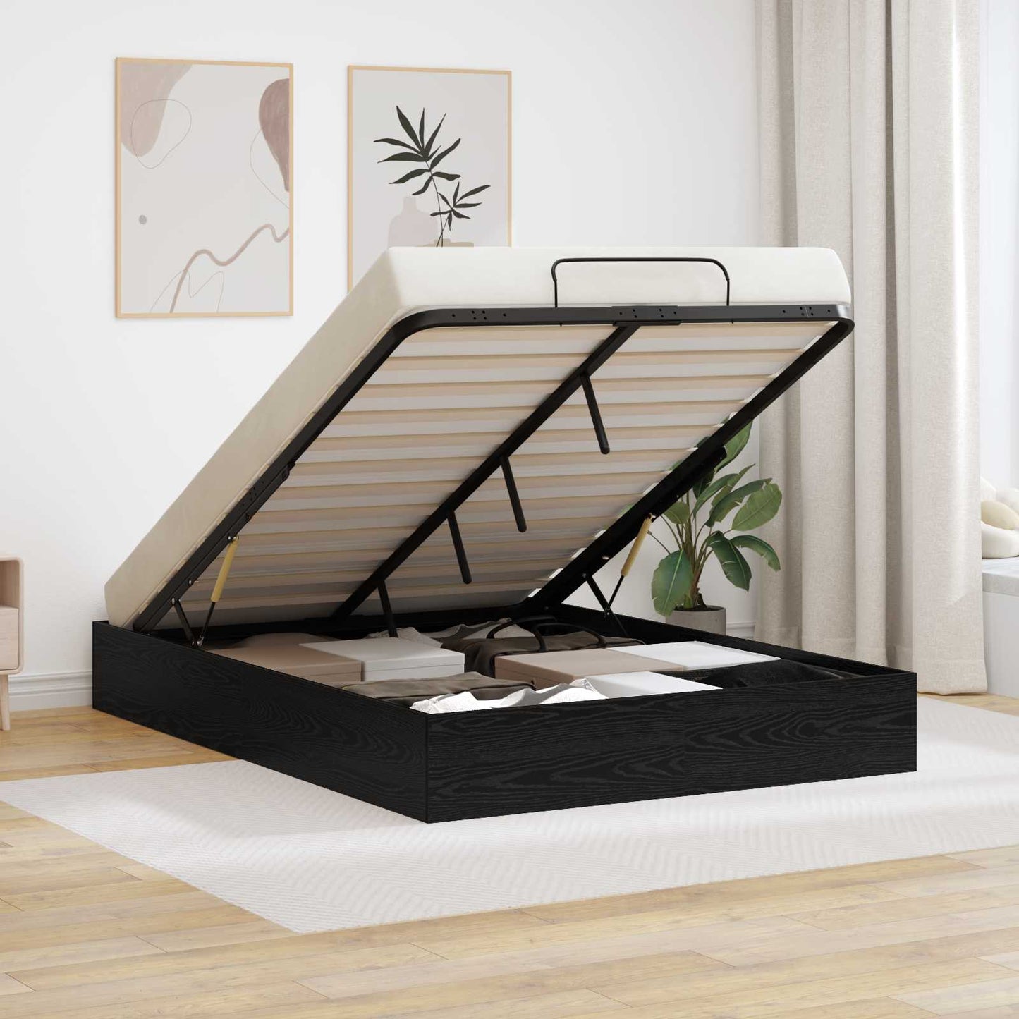 Ottoman Bed Frame Black Oak 193 x 135 x 25 cm Engineered Wood