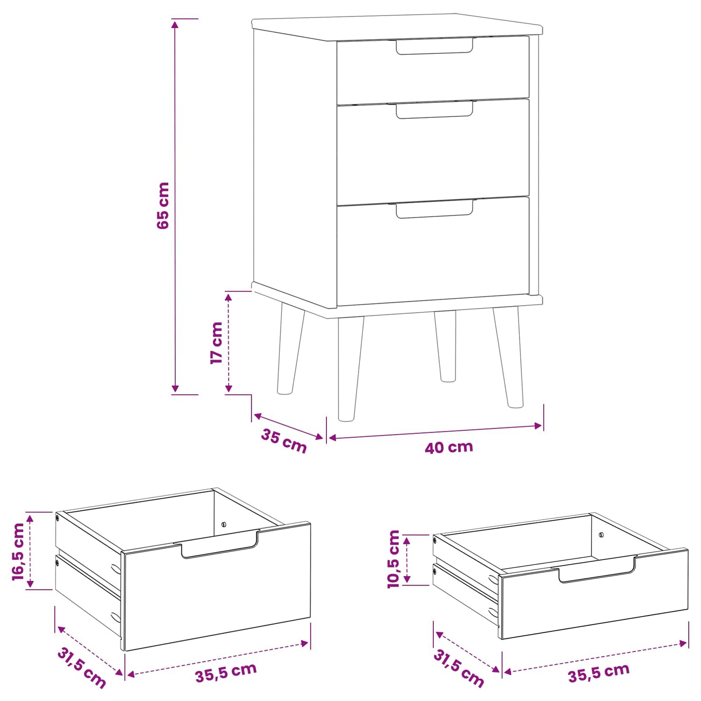 Bedside Cabinet Black 40 x 35 x 65 cm Solid Pine Wood