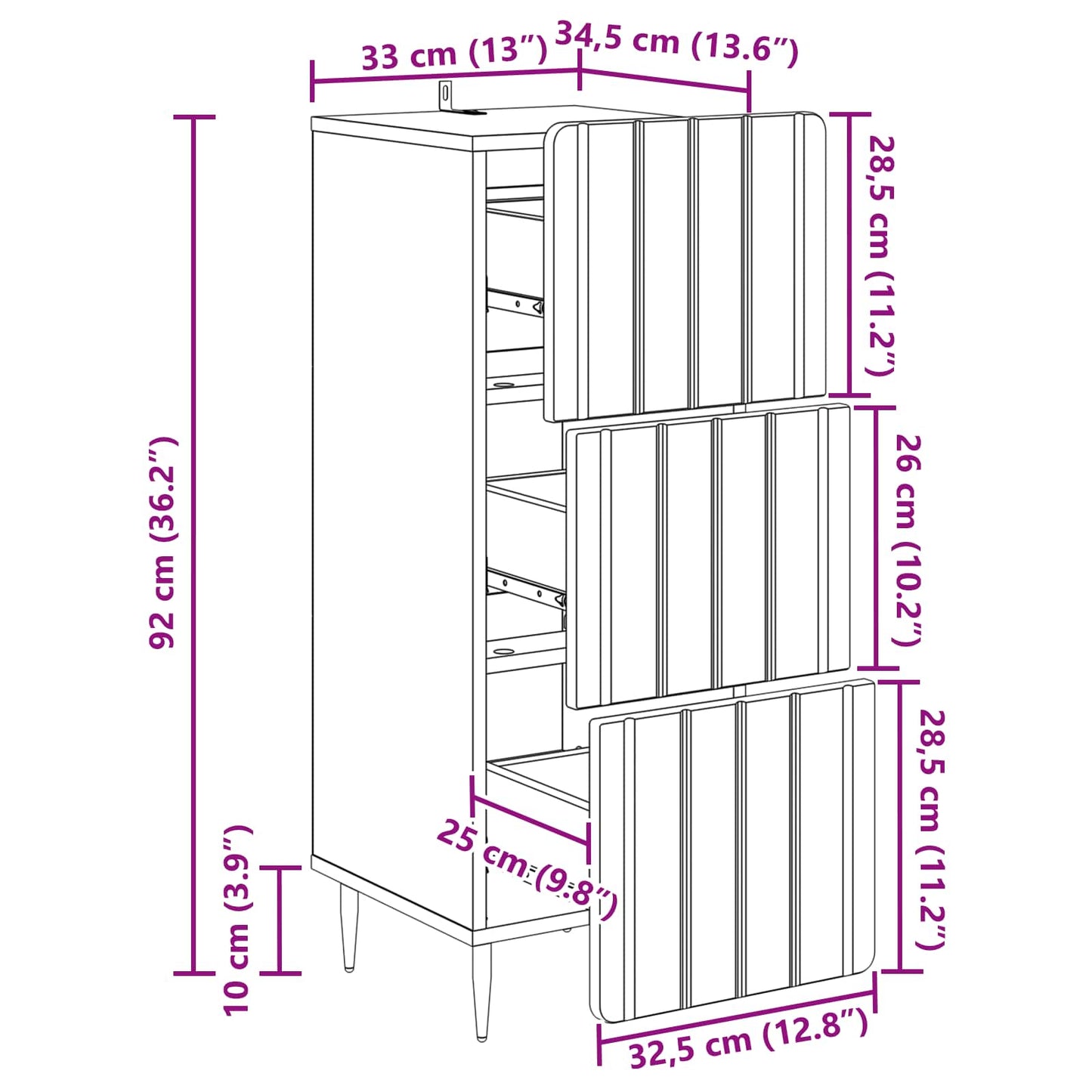 Drawer Cabinet High Gloss White 33 x 34.5 x 92 cm