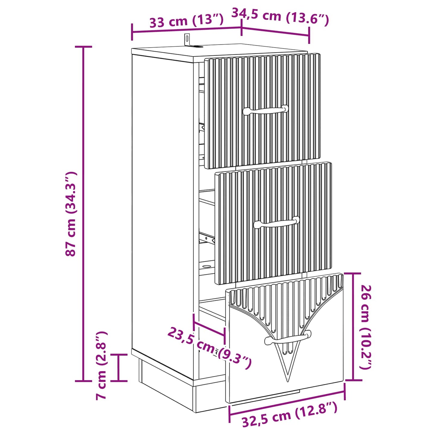 Drawer Cabinet High Gloss White 33 x 34.5 x 87 cm